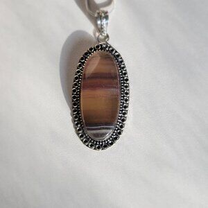 Purple Banded Fluorite Stone Handcrafted Pendant Sterling Stamped Chain NEW